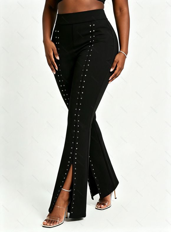 Casual Pants Rivet Solid Color High Waist Slit Flare Pants - Noir L | US 8-10