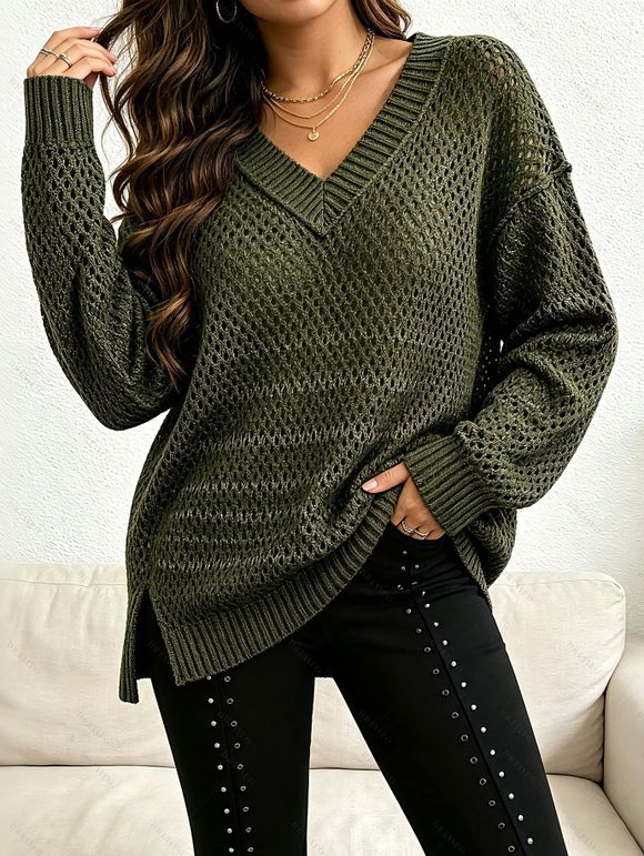 Casual Sweater Solid Color Hollow Out V Neck Drop Shoulder Knitted Top - PLANT GREEN L | US 8-10