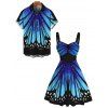 Vacation Couple Outfit Vintage Ombre Butterfly Wing Print Ruched Bust Mini Dress and Shirt Set - Bleu profond S | US 4