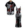 Gothic Couple Outfit Skeleton Skulls Rose Floral Print Spaghetti Strap Bodycon Dress and Shirt Set - Noir S | US 4