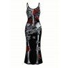 Gothic Couple Outfit Skeleton Skulls Rose Floral Print Spaghetti Strap Bodycon Dress and Shirt Set - Noir S | US 4