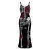Gothic Dress Skeleton Skulls Rose Floral Print Spaghetti Strap Bodycon Halloween Dress - Noir XXL | US 14