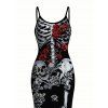 Gothic Dress Skeleton Skulls Rose Floral Print Spaghetti Strap Bodycon Halloween Dress - Noir XXL | US 14