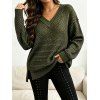 Casual Sweater Solid Color Hollow Out V Neck Drop Shoulder Knitted Top - PLANT GREEN L | US 8-10