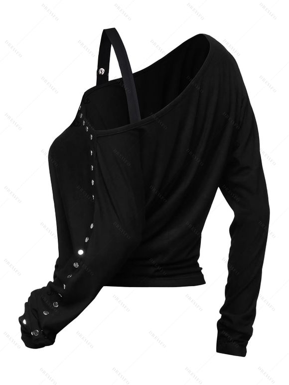 Punk Style Sweatshirt Solid Color Rivet Buckle Strap Skew Neck Long Sleeve Top - Noir XL | US 12