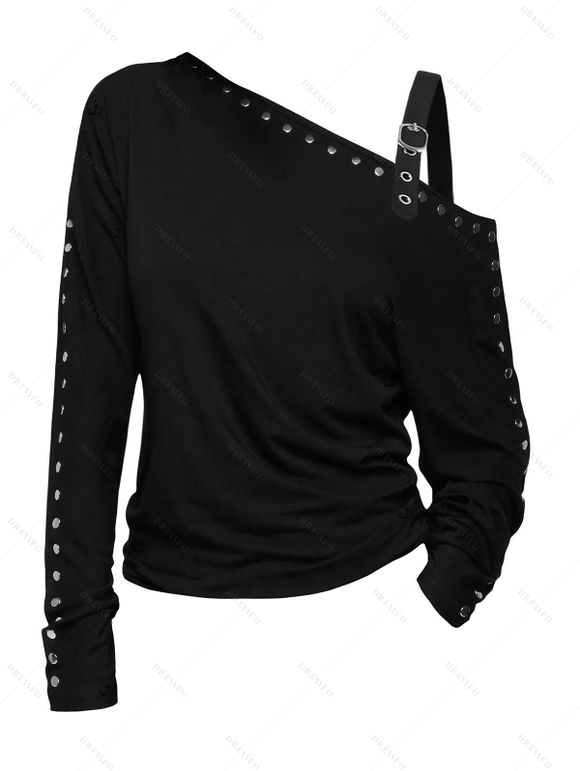 Punk Style Women Outfit Solid Color Rivet Buckle Strap Skew Neck Long Sleeve Sweatshirt and Grommet Leggings Set - Noir S | US 4
