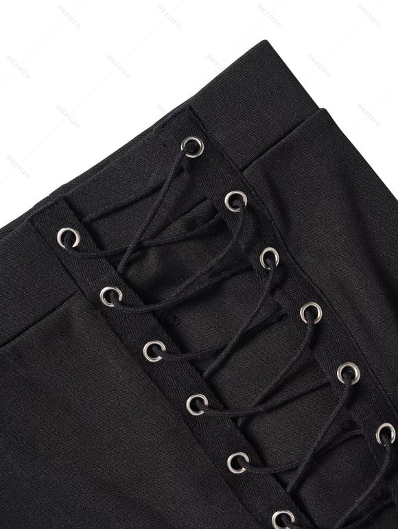 Punk Style Women Outfit Solid Color Rivet Buckle Strap Skew Neck Long Sleeve Sweatshirt and Grommet Leggings Set - Noir S | US 4