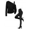 Punk Style Women Outfit Solid Color Rivet Buckle Strap Skew Neck Long Sleeve Sweatshirt and Grommet Leggings Set - Noir S | US 4