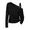 Punk Style Sweatshirt Solid Color Rivet Buckle Strap Skew Neck Long Sleeve Top - Noir XL | US 12