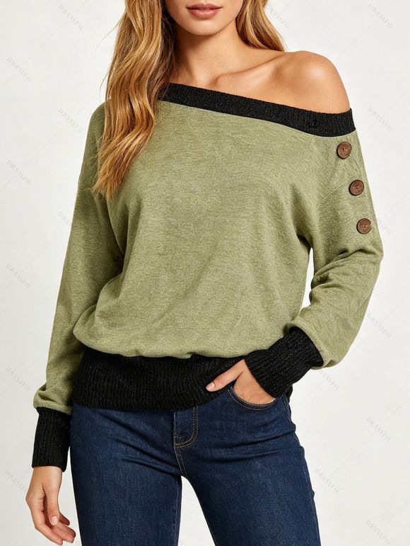 Casual Sweatshirt Colorblock Mock Button Ribbed Off the Shoulder Sweatshirt - Olive Verte XL | US 12