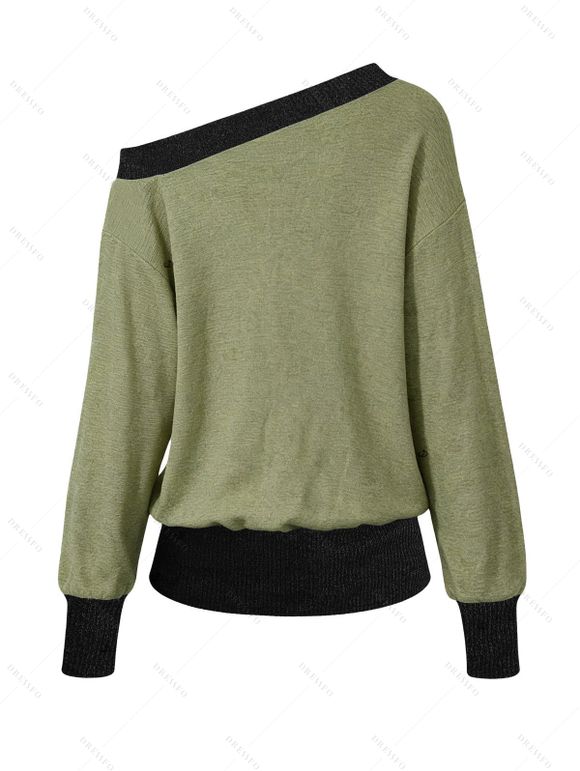 Casual Sweatshirt Colorblock Mock Button Ribbed Off the Shoulder Sweatshirt - Olive Verte XL | US 12