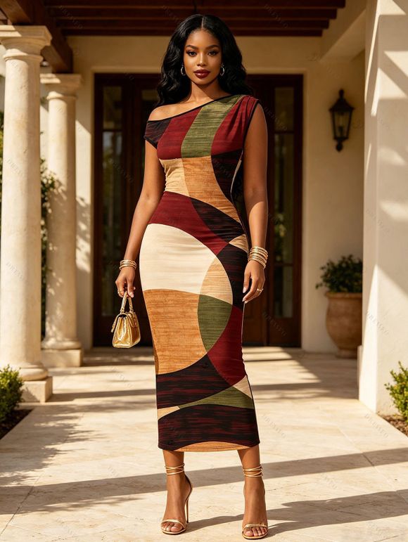 Vintage Dress Colorblock Abstract Geometric Print Ruched Skew Neck Bodycon Dress - marron foncé XL | US 12