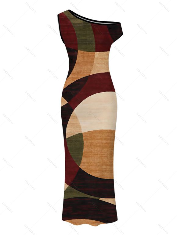 Vintage Dress Colorblock Abstract Geometric Print Ruched Skew Neck Bodycon Dress - marron foncé XL | US 12