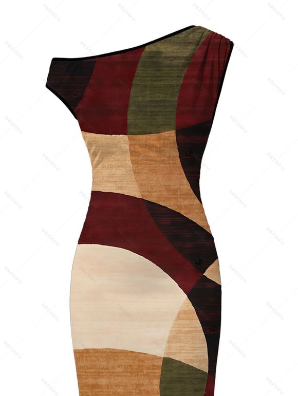 Vintage Dress Colorblock Abstract Geometric Print Ruched Skew Neck Bodycon Dress - marron foncé XL | US 12
