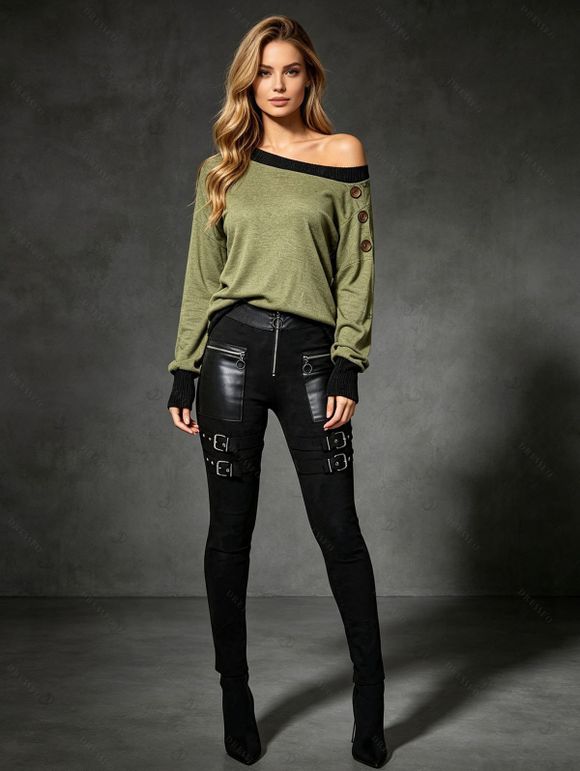 Casual Women Outfit Colorblock Mock Button Ribbed Off the Shoulder Sweatshirt and Zipper Buckle Strap Leggings Set - Olive Verte S | US 4