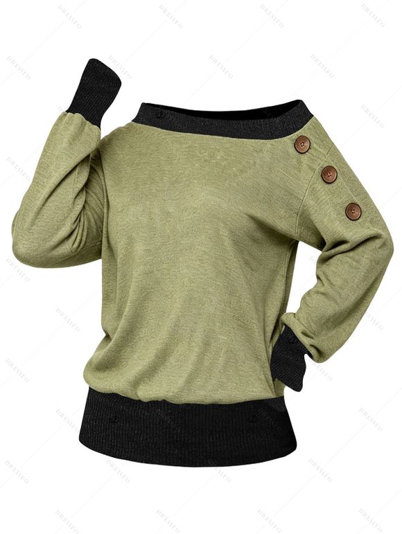 Casual Women Outfit Colorblock Mock Button Ribbed Off the Shoulder Sweatshirt and Zipper Buckle Strap Leggings Set - Olive Verte S | US 4