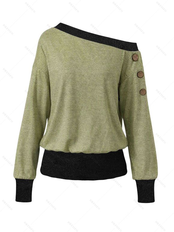 Casual Women Outfit Colorblock Mock Button Ribbed Off the Shoulder Sweatshirt and Zipper Buckle Strap Leggings Set - Olive Verte S | US 4