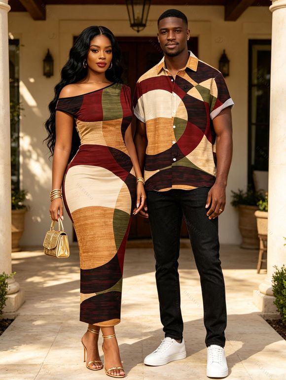 Vintage Couple Outfit Colorblock Abstract Geometric Print Ruched Skew Neck Bodycon Dress and Shirt Set - marron foncé S | US 4