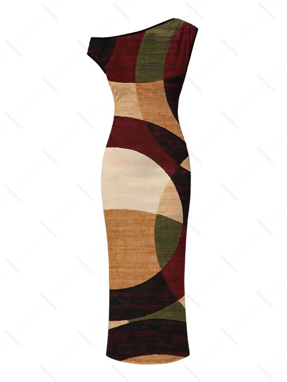 Vintage Couple Outfit Colorblock Abstract Geometric Print Ruched Skew Neck Bodycon Dress and Shirt Set - marron foncé S | US 4