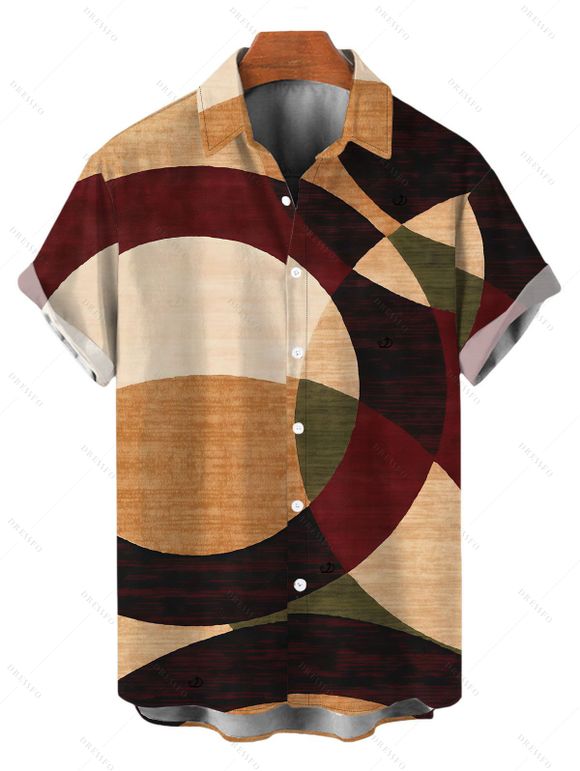 Vintage Couple Outfit Colorblock Abstract Geometric Print Ruched Skew Neck Bodycon Dress and Shirt Set - marron foncé S | US 4