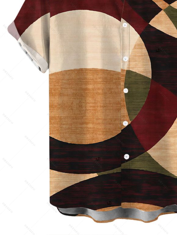Vintage Couple Outfit Colorblock Abstract Geometric Print Ruched Skew Neck Bodycon Dress and Shirt Set - marron foncé S | US 4