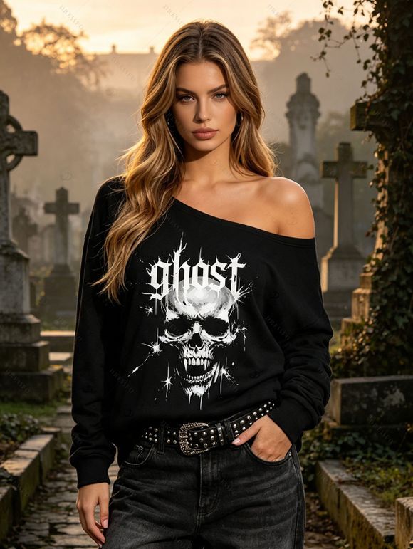 Gothic Sweatshirt Letter Skulls Star Print Skew Neck Pullover Sweatshirt - Noir XL | US 12