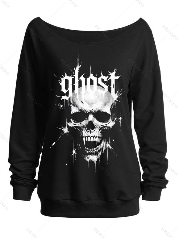 Gothic Sweatshirt Letter Skulls Star Print Skew Neck Pullover Sweatshirt - Noir XL | US 12
