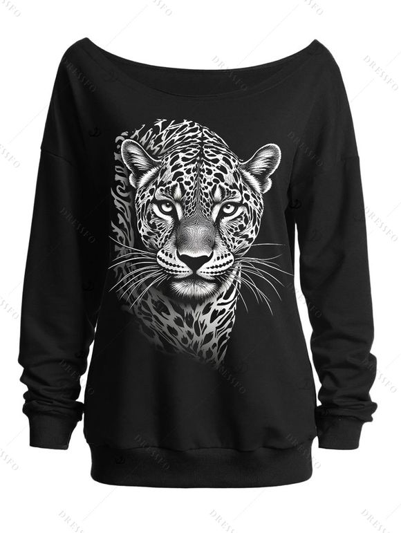 Casual Sweatshirt Leopard Print Skew Neck Pullover Sweatshirt - Noir XL | US 12
