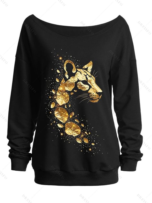 Casual Sweatshirt Leopard Print Skew Neck Pullover Sweatshirt - d'or XXL | US 14