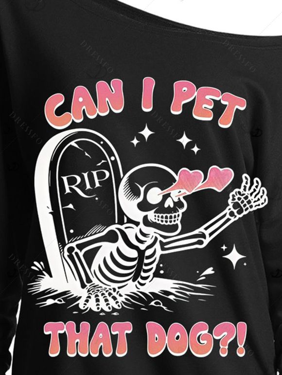 Halloween Funny Sweatshirt Tomb Skulls Heart Letter Print Skew Neck Pullover Sweatshirt - Noir XL | US 12