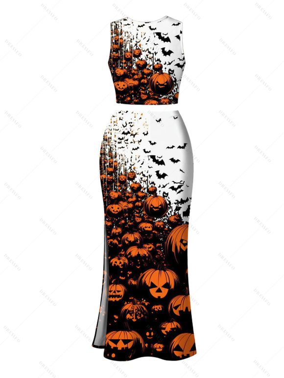 Halloween Gothic Women Outfit Pumpkin Bats Print Cropped Tank Top and Bodycon Slit Skirt Set - Orange XL | US 12