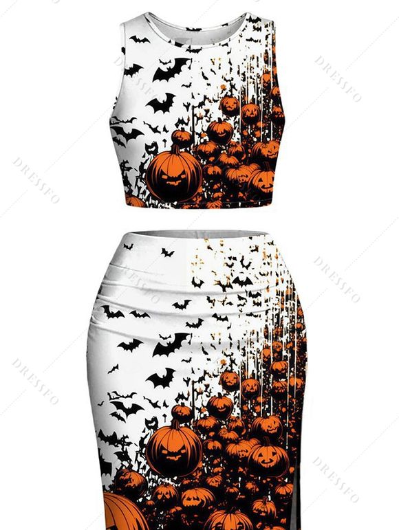 Halloween Gothic Women Outfit Pumpkin Bats Print Cropped Tank Top and Bodycon Slit Skirt Set - Orange XL | US 12