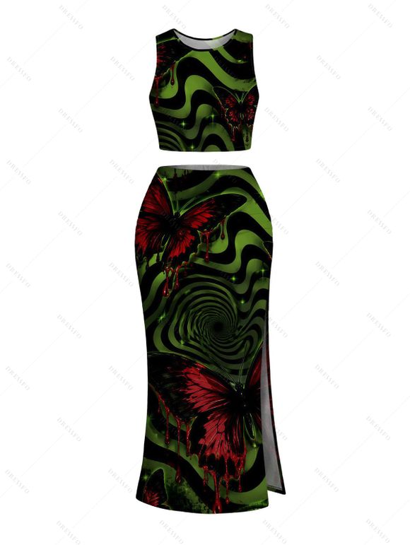 Gothic Couple Outfit Bloody Butterfly Colorblock Swirl Print Cropped Tank Top Bodycon Slit Skirt and Shirt Set - Vert profond S | US 4