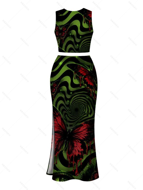 Gothic Couple Outfit Bloody Butterfly Colorblock Swirl Print Cropped Tank Top Bodycon Slit Skirt and Shirt Set - Vert profond S | US 4