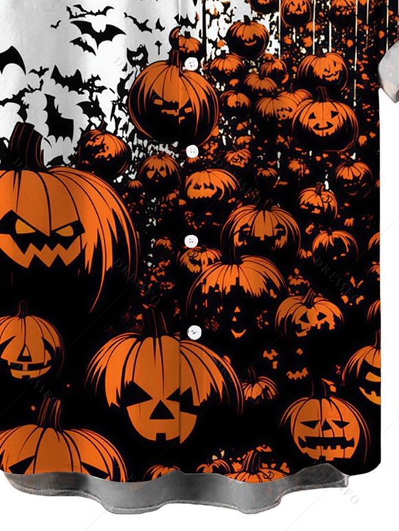 Men's Halloween Gothic Shirt Pumpkin Bats Print Button Up Shirt - Orange M