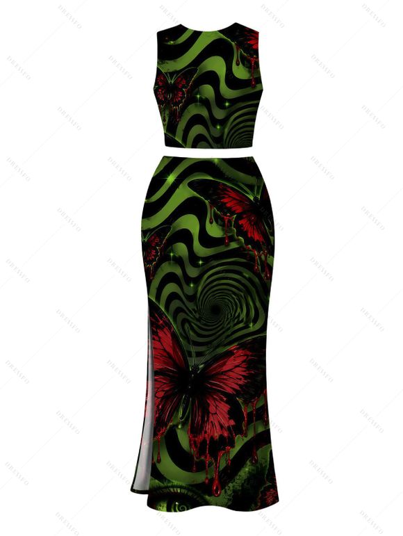 Gothic Women Outfit Bloody Butterfly Colorblock Swirl Print Cropped Tank Top and Bodycon Slit Skirt Set - Vert profond XL | US 12