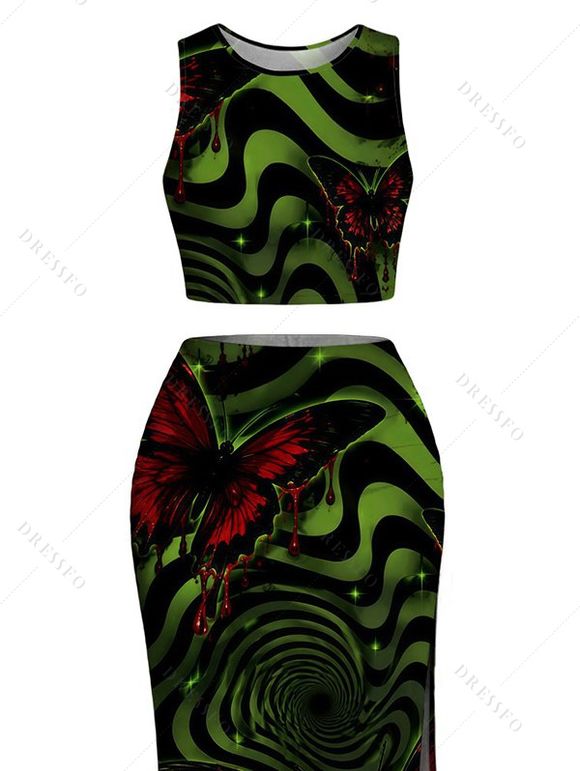 Gothic Women Outfit Bloody Butterfly Colorblock Swirl Print Cropped Tank Top and Bodycon Slit Skirt Set - Vert profond XL | US 12