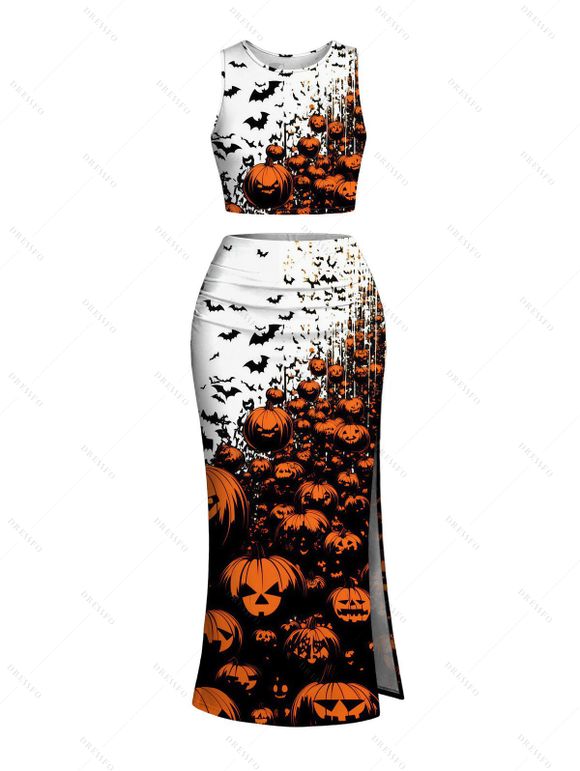 Halloween Gothic Couple Outfit Pumpkin Bats Print Cropped Tank Top Bodycon Slit Skirt and Shirt Set - Orange S | US 4