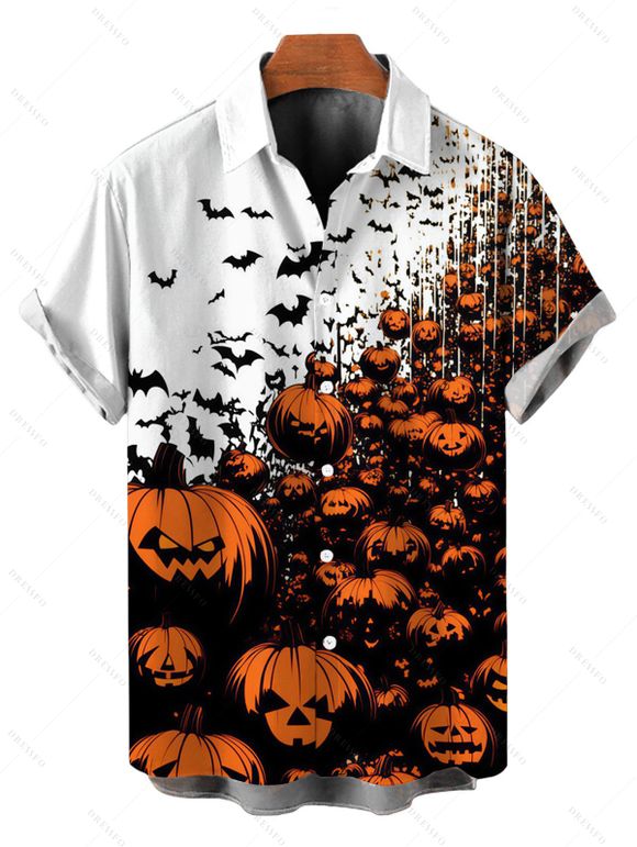 Halloween Gothic Couple Outfit Pumpkin Bats Print Cropped Tank Top Bodycon Slit Skirt and Shirt Set - Orange S | US 4