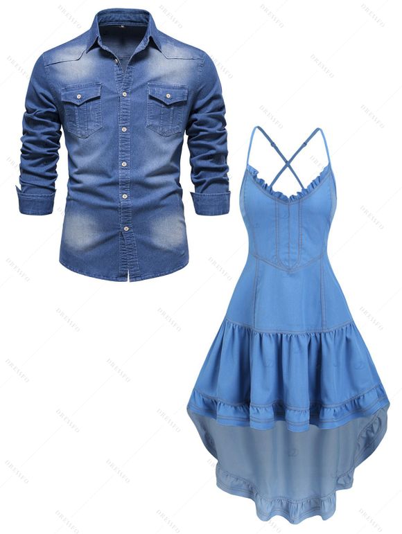 Vintage Couple Outfit Ruffled High Low Midi Faux Denim Dress and Front Pocket Denim Shirt Set - Bleu S | US 4
