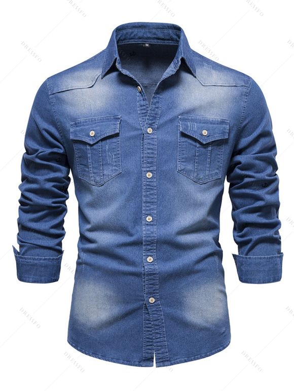 Vintage Couple Outfit Ruffled High Low Midi Faux Denim Dress and Front Pocket Denim Shirt Set - Bleu S | US 4