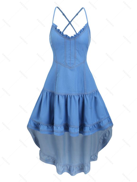 Vintage Couple Outfit Ruffled High Low Midi Faux Denim Dress and Front Pocket Denim Shirt Set - Bleu S | US 4