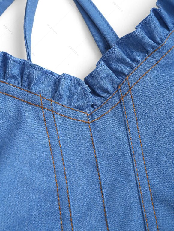 Vintage Couple Outfit Ruffled High Low Midi Faux Denim Dress and Front Pocket Denim Shirt Set - Bleu S | US 4