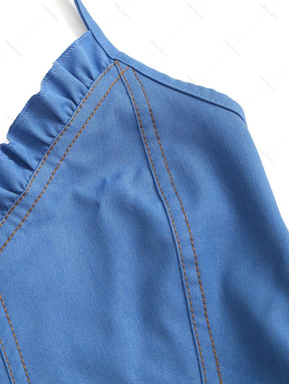 Vintage Couple Outfit Ruffled High Low Midi Faux Denim Dress and Front Pocket Denim Shirt Set - Bleu S | US 4