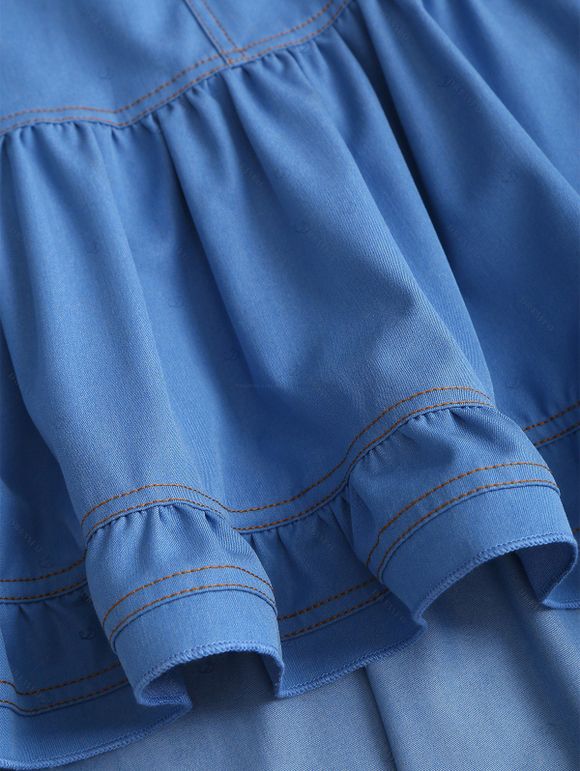 Vintage Couple Outfit Ruffled High Low Midi Faux Denim Dress and Front Pocket Denim Shirt Set - Bleu S | US 4