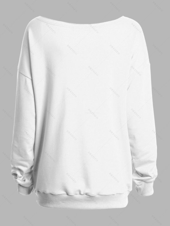 Halloween Funny Sweatshirt Ghost Cute Dots Bat Print Skew Neck Pullover Sweatshirt - Blanc XL | US 12