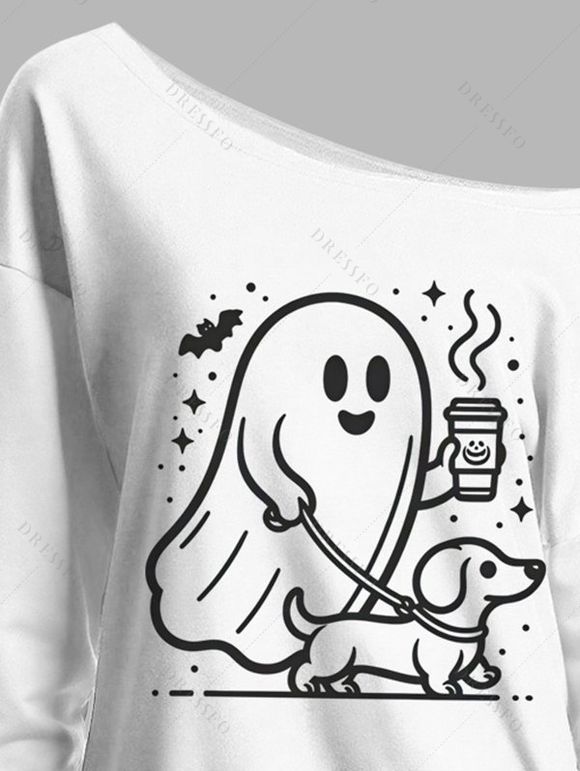 Halloween Funny Sweatshirt Ghost Cute Dots Bat Print Skew Neck Pullover Sweatshirt - Blanc XL | US 12