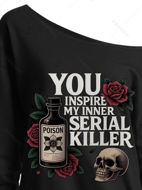 Halloween Gothic Sweatshirt Rose Floral Letter Poison Bottle Print Skew Neck Pullover Sweatshirt - Noir XL | US 12