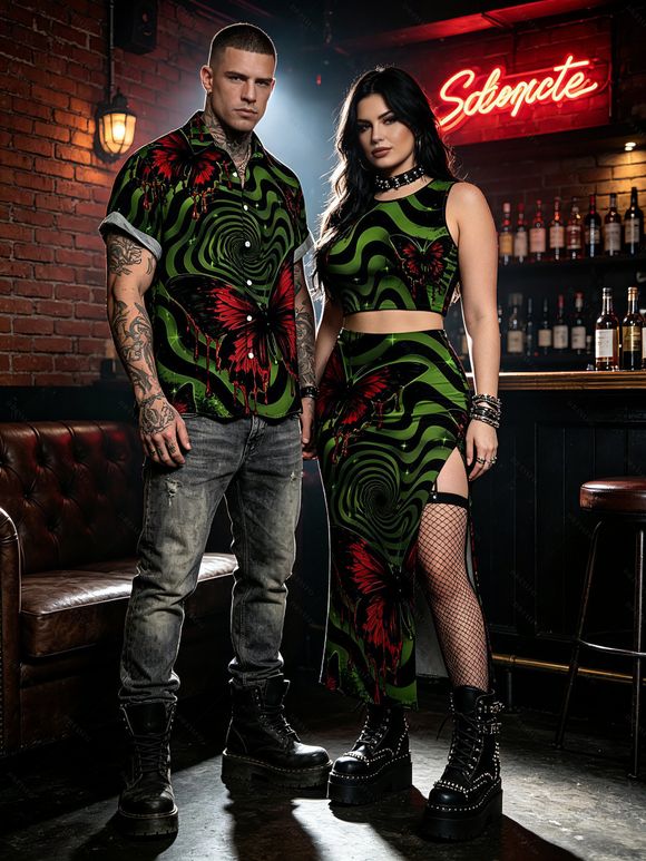 Gothic Couple Outfit Bloody Butterfly Colorblock Swirl Print Cropped Tank Top Bodycon Slit Skirt and Shirt Set - Vert profond S | US 4