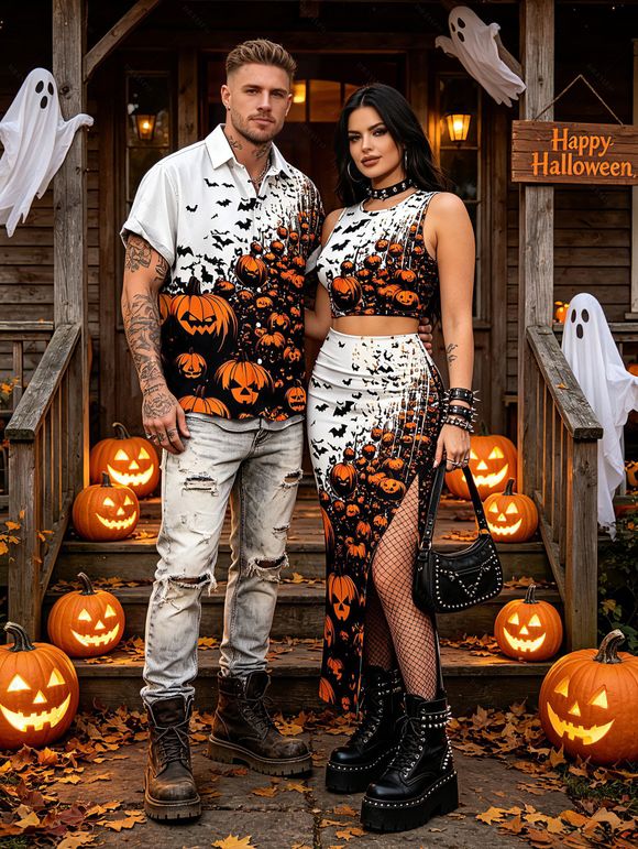 Halloween Gothic Couple Outfit Pumpkin Bats Print Cropped Tank Top Bodycon Slit Skirt and Shirt Set - Orange S | US 4